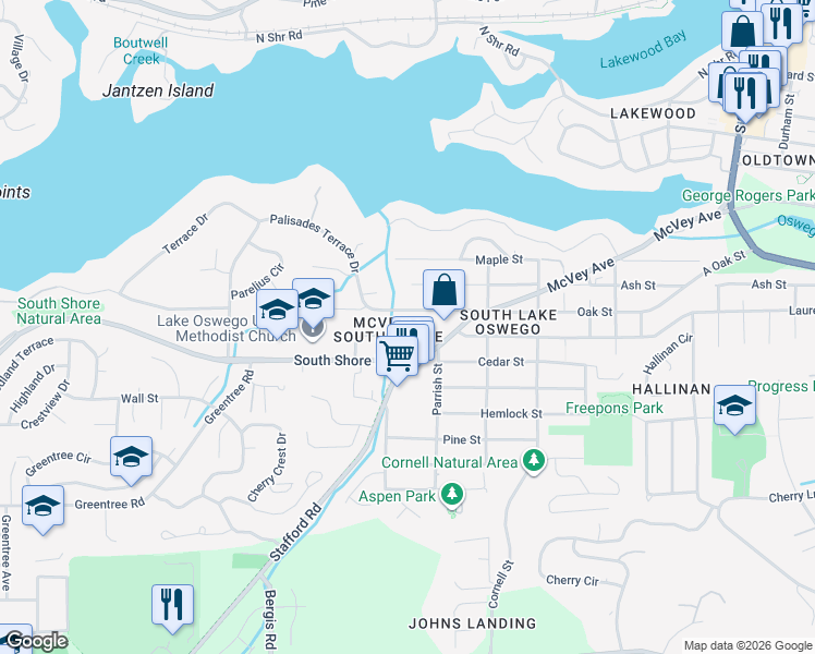 map of restaurants, bars, coffee shops, grocery stores, and more near 1677 Southwest Laurel Street in Lake Oswego