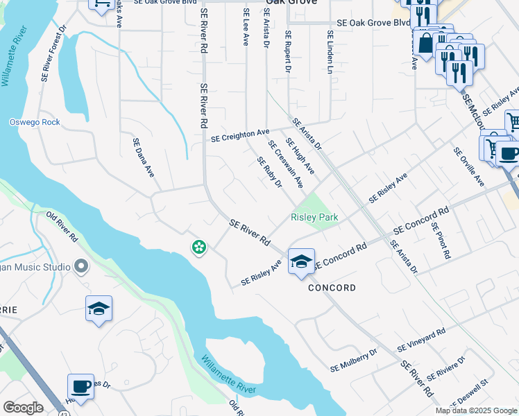 map of restaurants, bars, coffee shops, grocery stores, and more near 2101 Southeast Grandview Court in Milwaukie