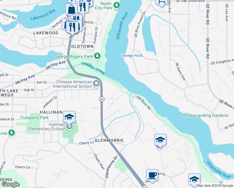 map of restaurants, bars, coffee shops, grocery stores, and more near 1809 Headlee Lane in Lake Oswego