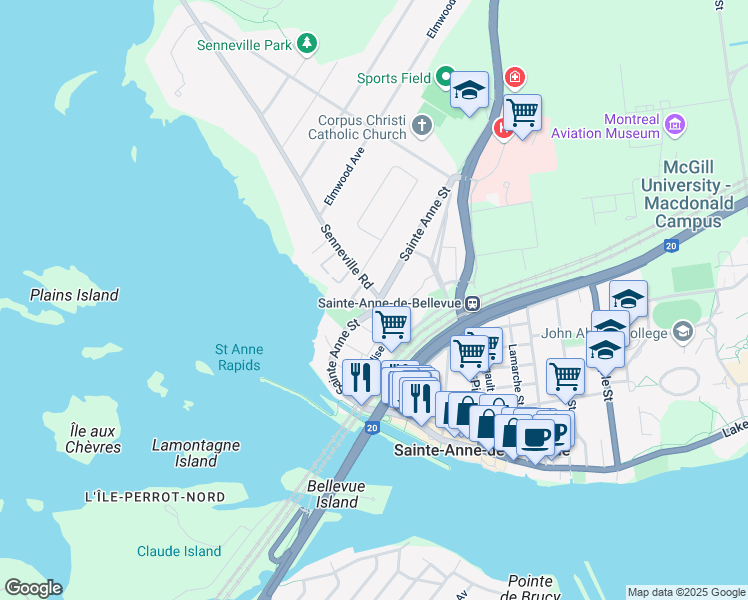 map of restaurants, bars, coffee shops, grocery stores, and more near 2 Senneville Road in Senneville