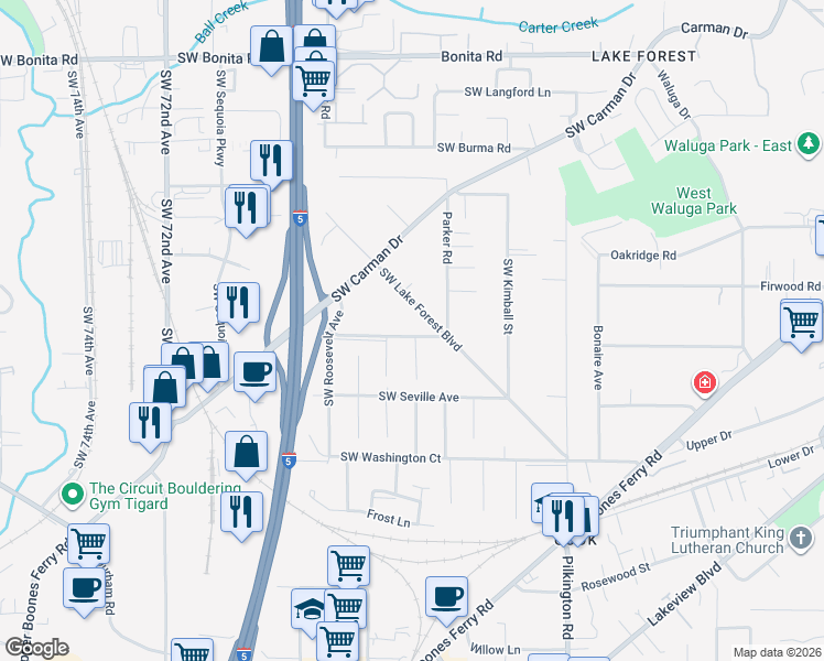map of restaurants, bars, coffee shops, grocery stores, and more near 16291 Southwest Lake Forest Boulevard in Lake Oswego