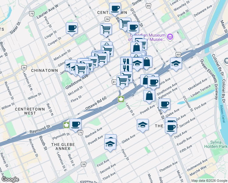 map of restaurants, bars, coffee shops, grocery stores, and more near 331 Catherine Street in Ottawa