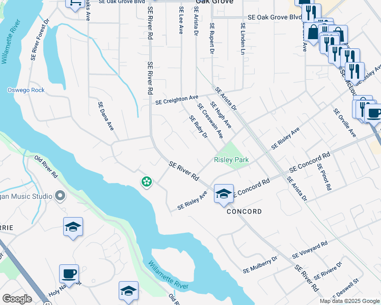 map of restaurants, bars, coffee shops, grocery stores, and more near 2101 Southeast Grandview Court in Milwaukie