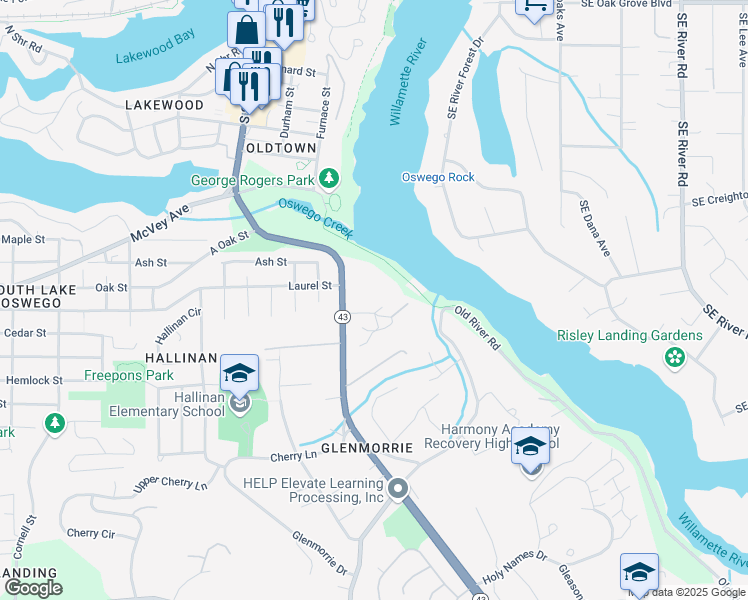 map of restaurants, bars, coffee shops, grocery stores, and more near Unnamed Road in Lake Oswego