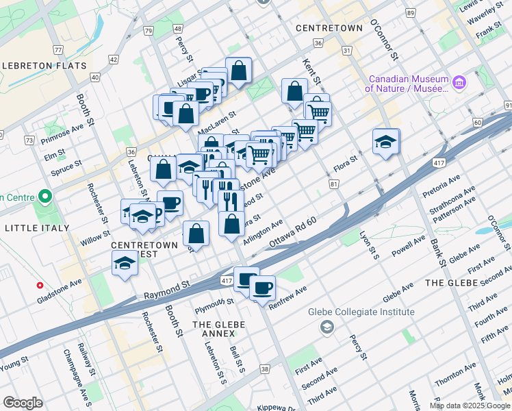 map of restaurants, bars, coffee shops, grocery stores, and more near 563 McLeod Street in Ottawa