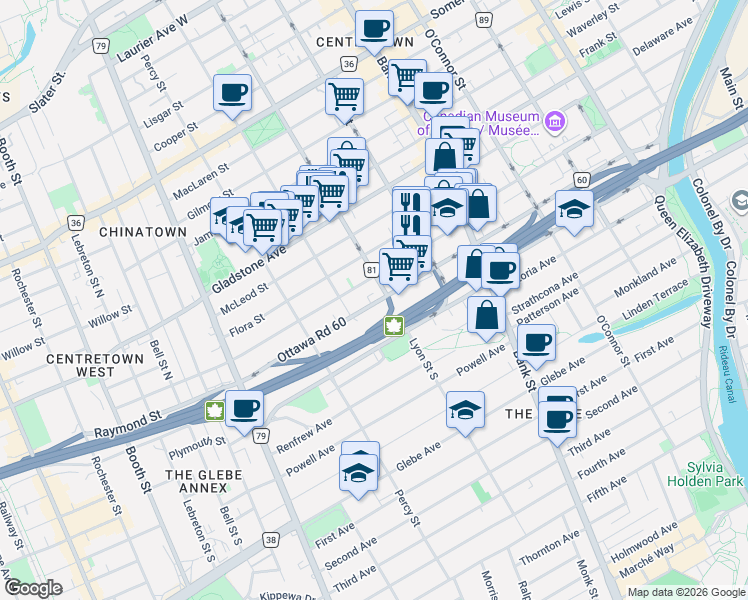 map of restaurants, bars, coffee shops, grocery stores, and more near 329 Catherine Street in Ottawa