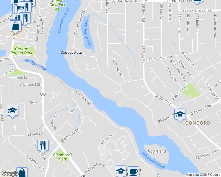 map of restaurants, bars, coffee shops, grocery stores, and more near 15910 Southeast Mallard Court in Milwaukie