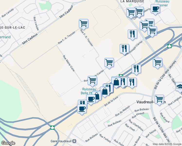 map of restaurants, bars, coffee shops, grocery stores, and more near 270 Rue Joseph-Carrier in Vaudreuil-Dorion
