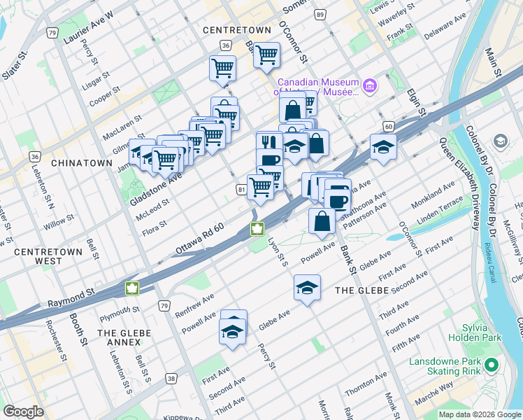 map of restaurants, bars, coffee shops, grocery stores, and more near 333b Catherine Street in Ottawa