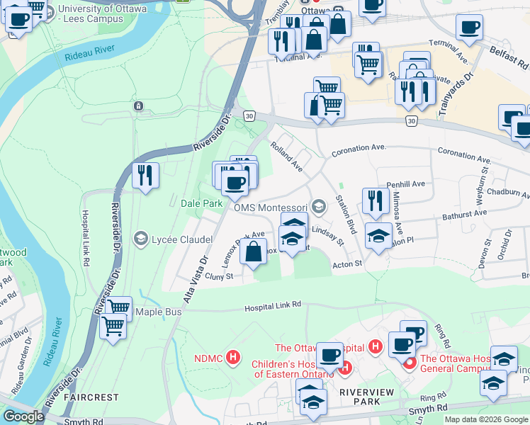 map of restaurants, bars, coffee shops, grocery stores, and more near 1587 Dorion Avenue in Ottawa