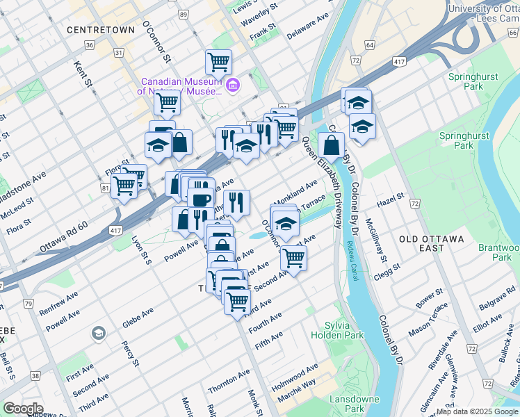 map of restaurants, bars, coffee shops, grocery stores, and more near 109 Patterson Avenue in Ottawa