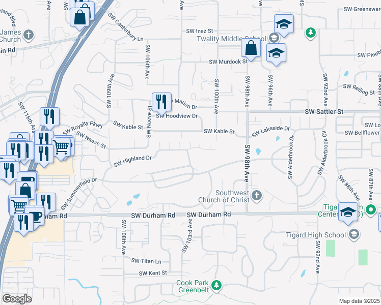 map of restaurants, bars, coffee shops, grocery stores, and more near 10200 Southwest Highland Drive in Tigard