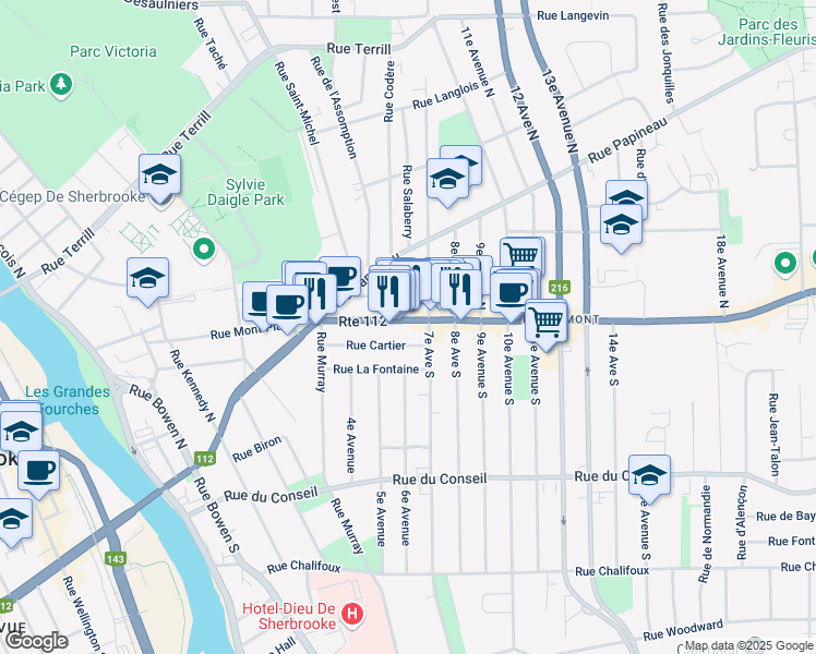 map of restaurants, bars, coffee shops, grocery stores, and more near 552 Rue King Est in Sherbrooke