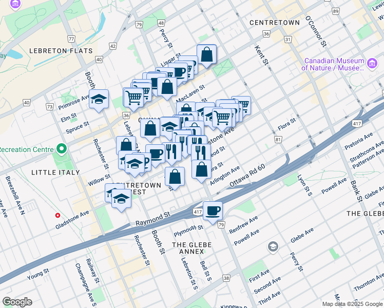 map of restaurants, bars, coffee shops, grocery stores, and more near Bronson Ave & Gladstone Ave in Ottawa
