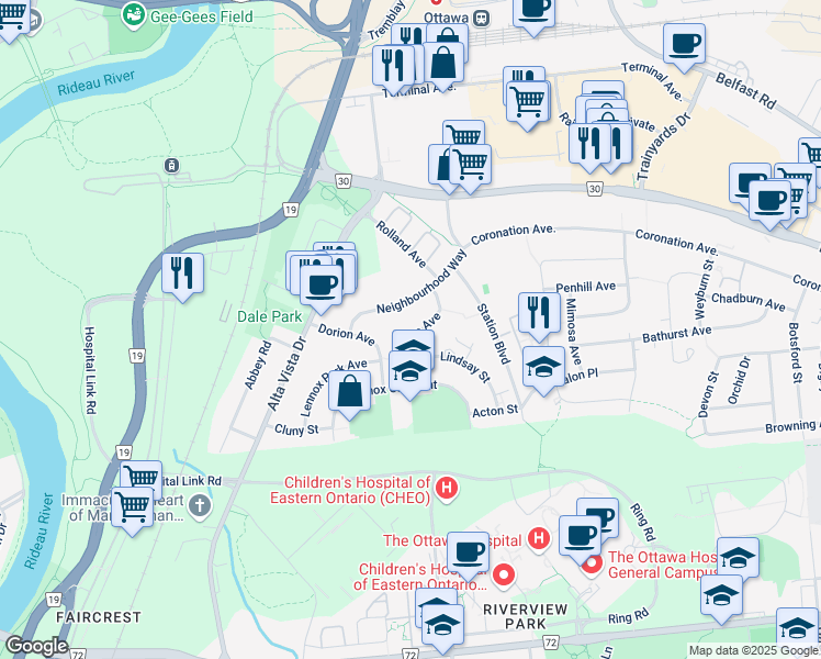 map of restaurants, bars, coffee shops, grocery stores, and more near 1594 Drake Avenue in Ottawa