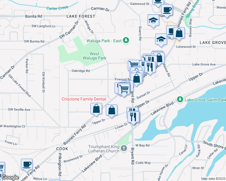 map of restaurants, bars, coffee shops, grocery stores, and more near 16455 Boones Ferry Road in Lake Oswego