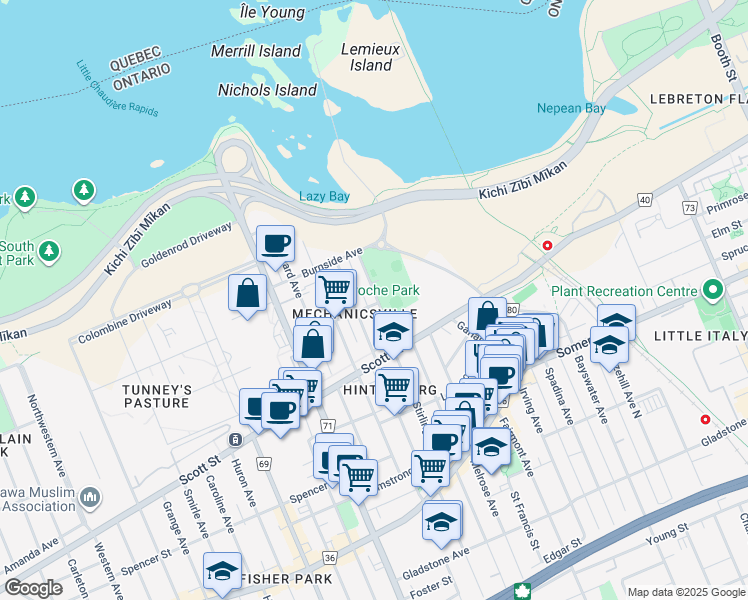 map of restaurants, bars, coffee shops, grocery stores, and more near 62 Stonehurst Avenue in Ottawa