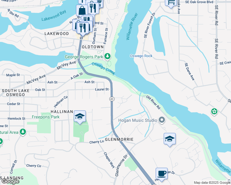 map of restaurants, bars, coffee shops, grocery stores, and more near 16250 Pacific Highway in Lake Oswego