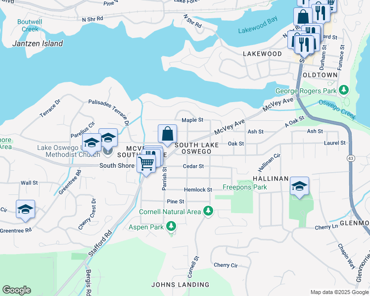 map of restaurants, bars, coffee shops, grocery stores, and more near 1409 Laurel Street in Lake Oswego