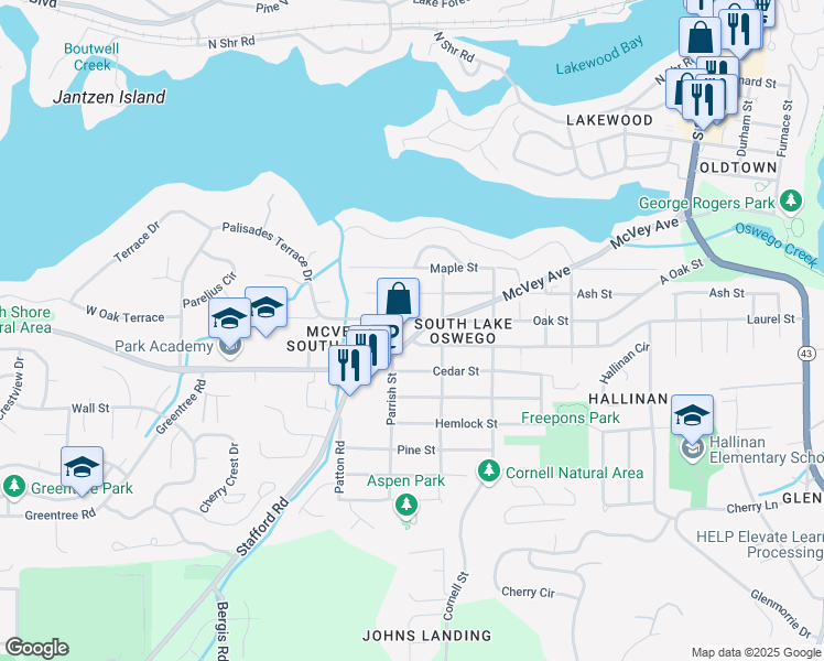 map of restaurants, bars, coffee shops, grocery stores, and more near 1584 Oak Street in Lake Oswego