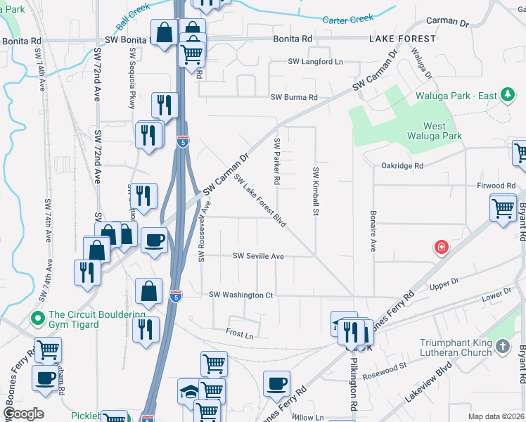 map of restaurants, bars, coffee shops, grocery stores, and more near 16291 Southwest Lake Forest Boulevard in Lake Oswego