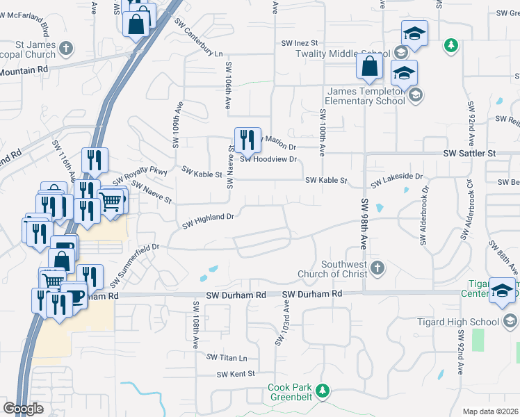 map of restaurants, bars, coffee shops, grocery stores, and more near 10360 Southwest Highland Drive in Tigard