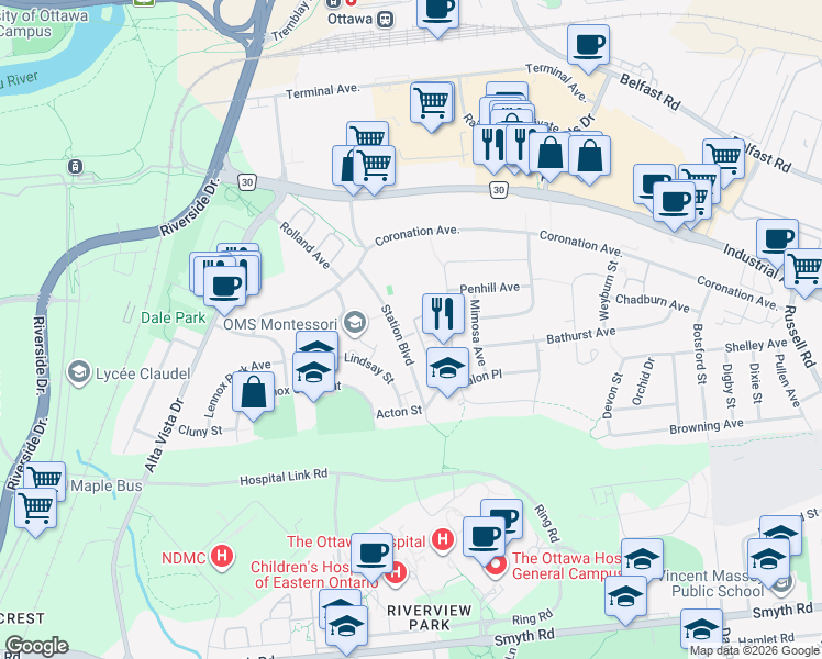 map of restaurants, bars, coffee shops, grocery stores, and more near in Ottawa