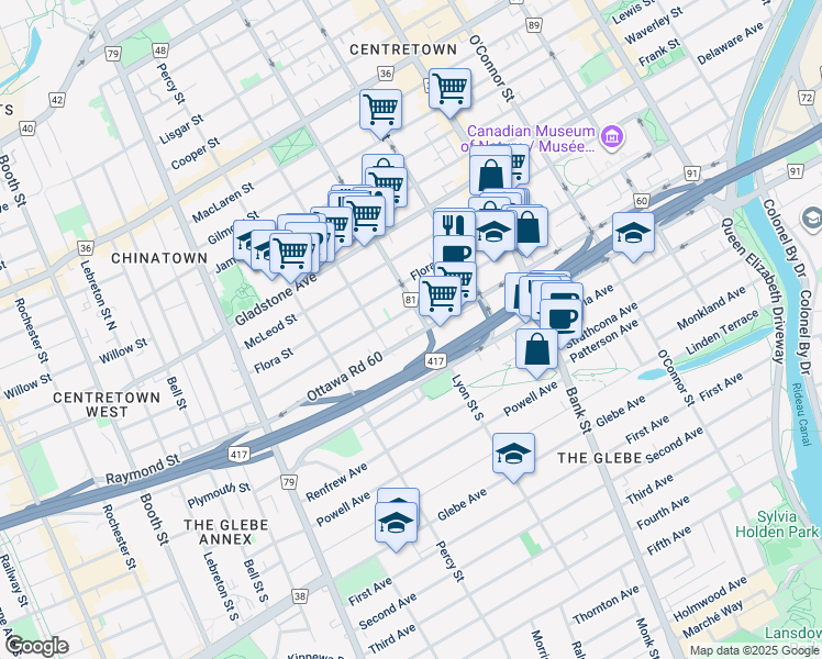 map of restaurants, bars, coffee shops, grocery stores, and more near 333b Catherine Street in Ottawa