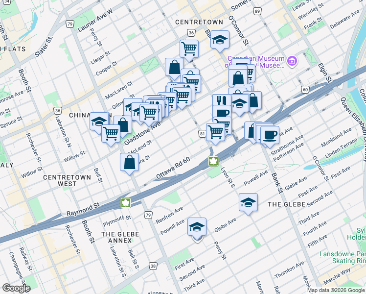 map of restaurants, bars, coffee shops, grocery stores, and more near in Ottawa