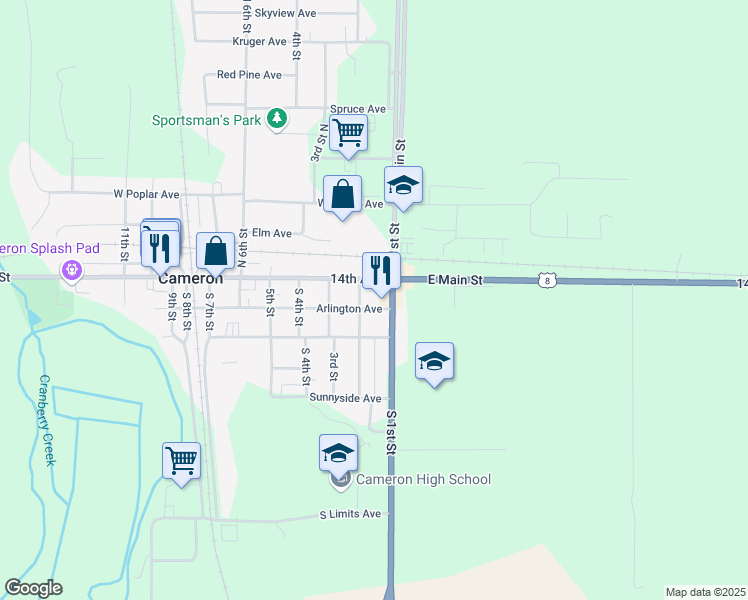 map of restaurants, bars, coffee shops, grocery stores, and more near 106 South 1st Street in Cameron