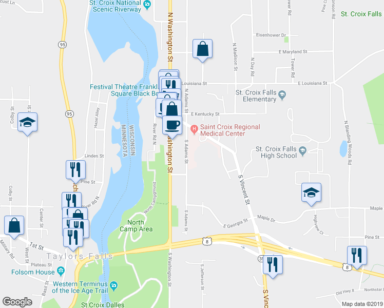 map of restaurants, bars, coffee shops, grocery stores, and more near 216 South Adams Street in Saint Croix Falls