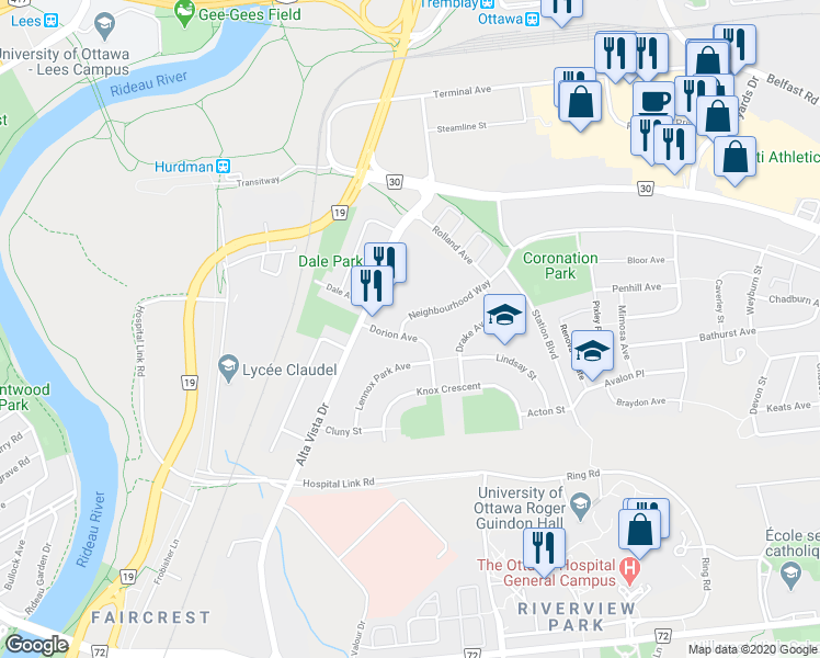 map of restaurants, bars, coffee shops, grocery stores, and more near 1581 Dorion Avenue in Ottawa
