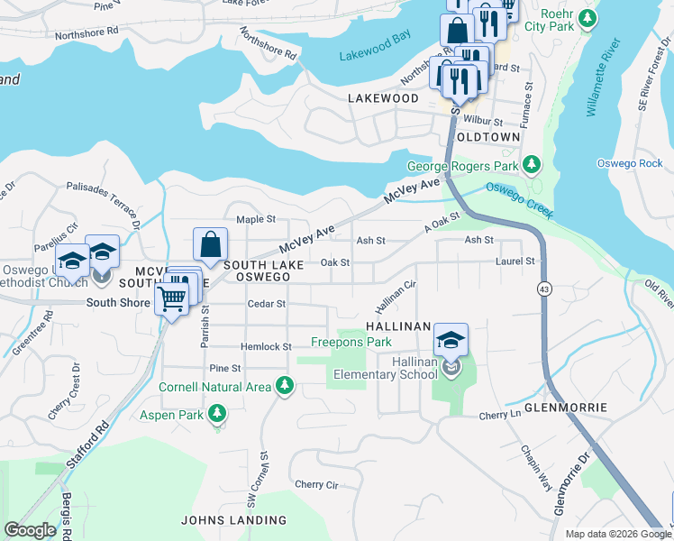 map of restaurants, bars, coffee shops, grocery stores, and more near 938 Oak Street in Lake Oswego