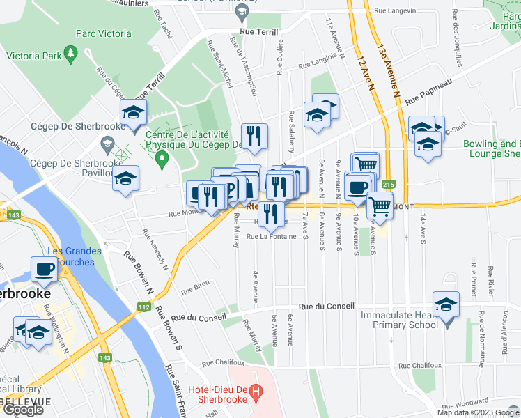map of restaurants, bars, coffee shops, grocery stores, and more near 454 Rue King Est in Sherbrooke