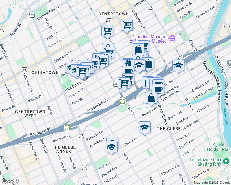map of restaurants, bars, coffee shops, grocery stores, and more near 333b Catherine Street in Ottawa