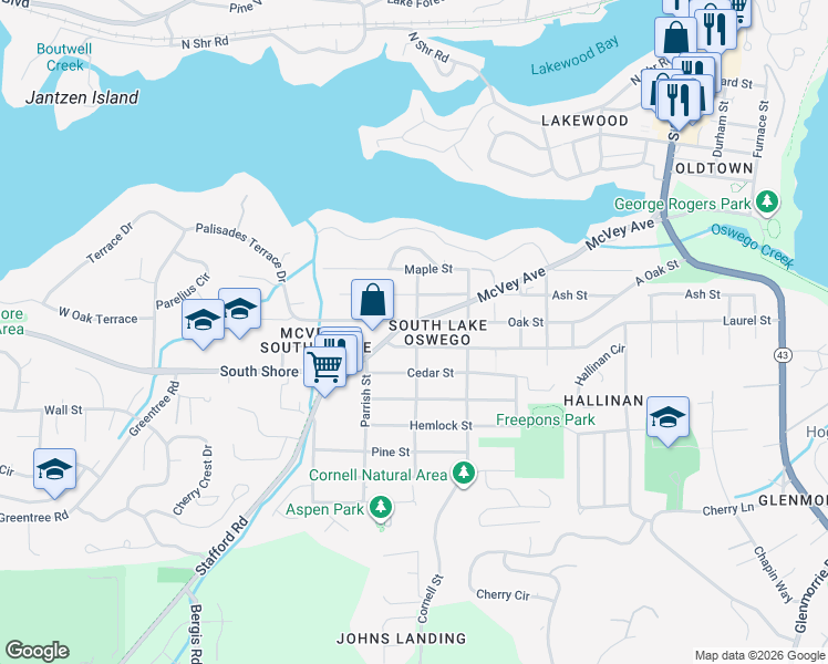 map of restaurants, bars, coffee shops, grocery stores, and more near 1409 Laurel Street in Lake Oswego