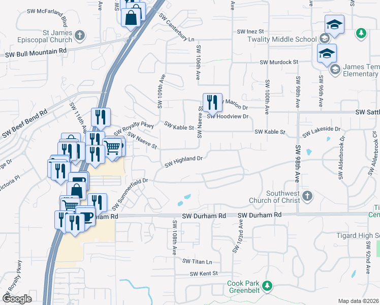 map of restaurants, bars, coffee shops, grocery stores, and more near 10684 Southwest Naeve Street in Tigard