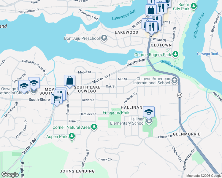 map of restaurants, bars, coffee shops, grocery stores, and more near 938 Oak Street in Lake Oswego