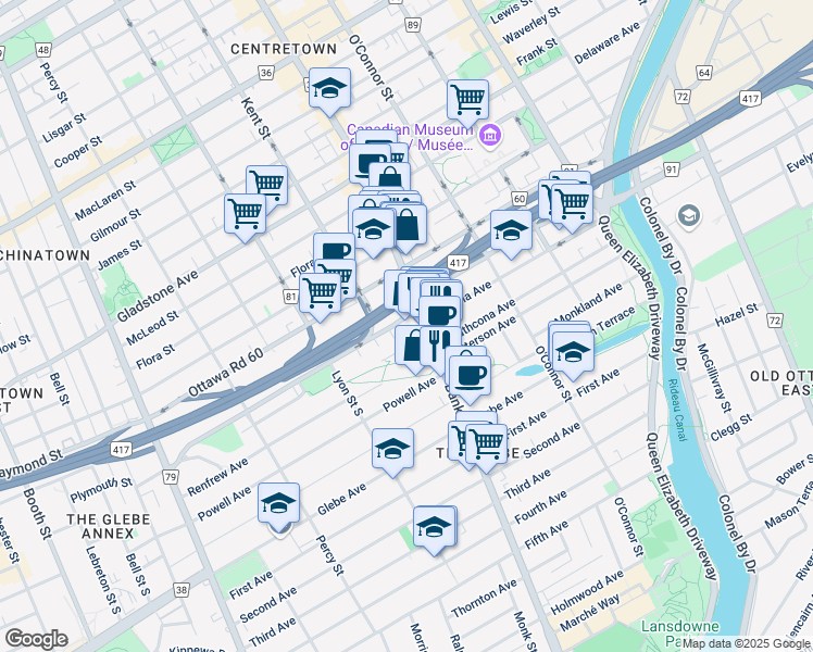 map of restaurants, bars, coffee shops, grocery stores, and more near 14 Chamberlain Avenue in Ottawa