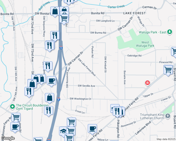 map of restaurants, bars, coffee shops, grocery stores, and more near 16291 Southwest Lake Forest Boulevard in Lake Oswego