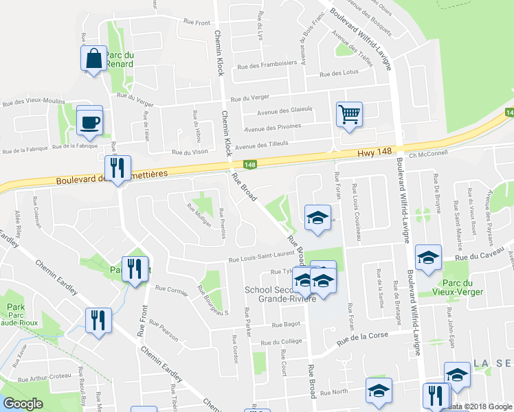 map of restaurants, bars, coffee shops, grocery stores, and more near 203 Rue Broad in Gatineau