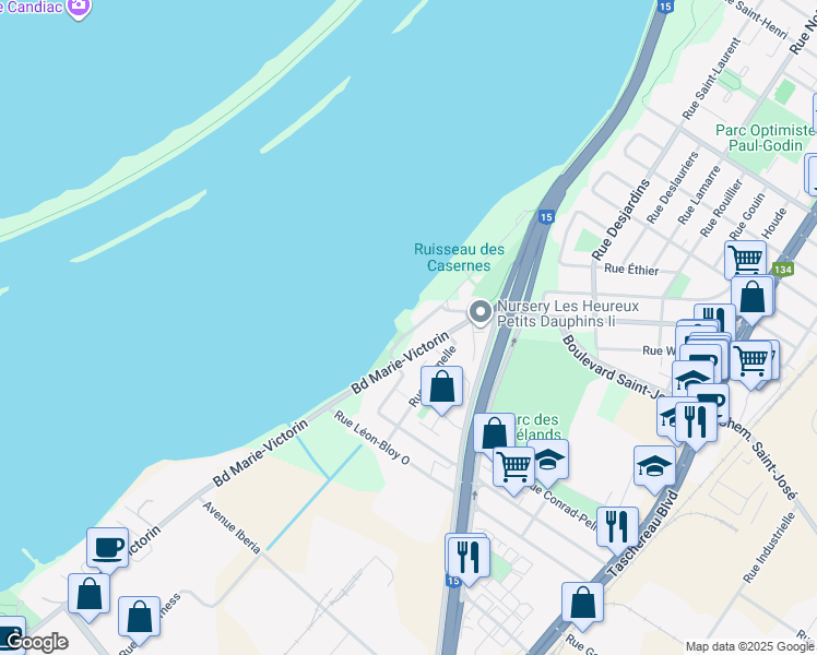 map of restaurants, bars, coffee shops, grocery stores, and more near 1220 Chemin du Sault Saint Louis in La Prairie