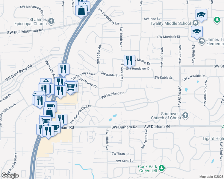 map of restaurants, bars, coffee shops, grocery stores, and more near 10684 Southwest Naeve Street in Tigard