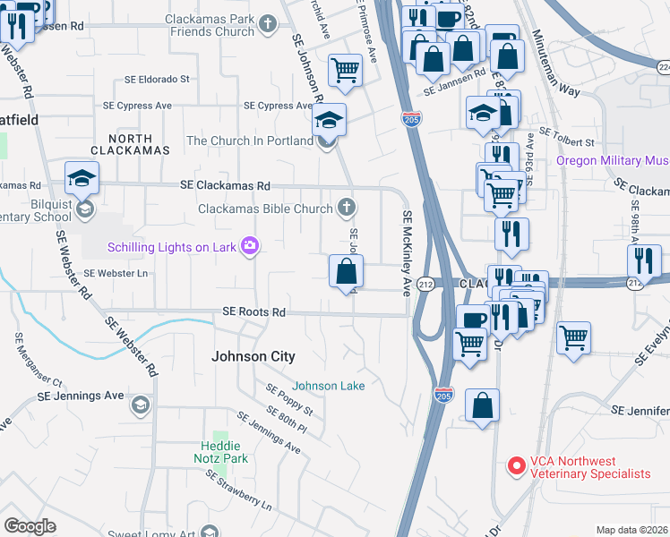map of restaurants, bars, coffee shops, grocery stores, and more near 8470 Southeast Hood Street in Clackamas