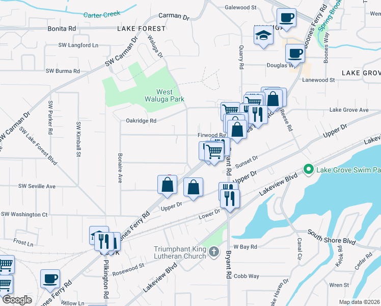 map of restaurants, bars, coffee shops, grocery stores, and more near 16211 Waluga Drive in Lake Oswego