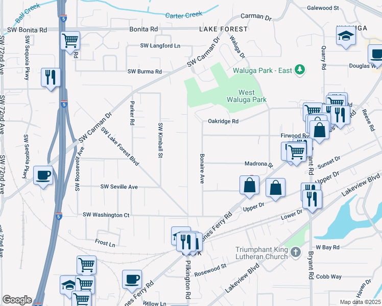 map of restaurants, bars, coffee shops, grocery stores, and more near 16310 Southwest Inverurie Road in Lake Oswego