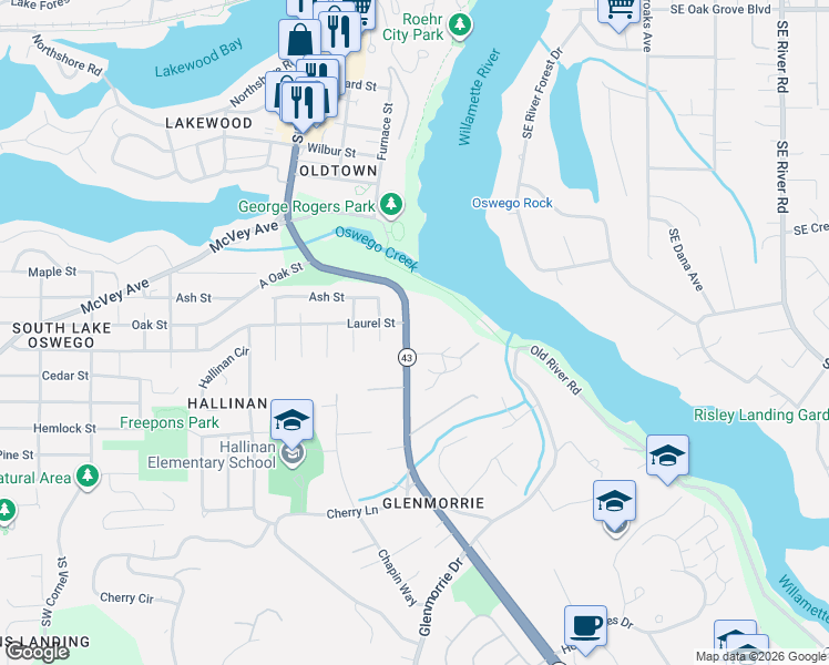 map of restaurants, bars, coffee shops, grocery stores, and more near 16250 Pacific Highway in Lake Oswego