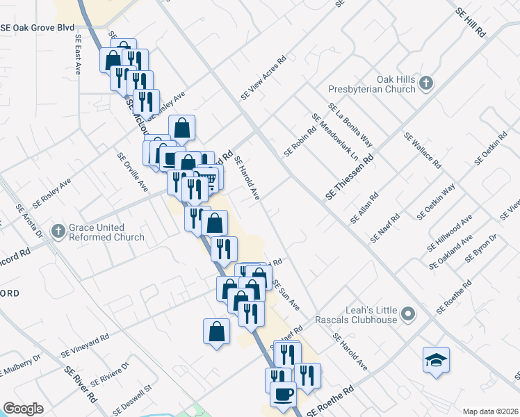 map of restaurants, bars, coffee shops, grocery stores, and more near 15918 Southeast Harold Avenue in Milwaukie