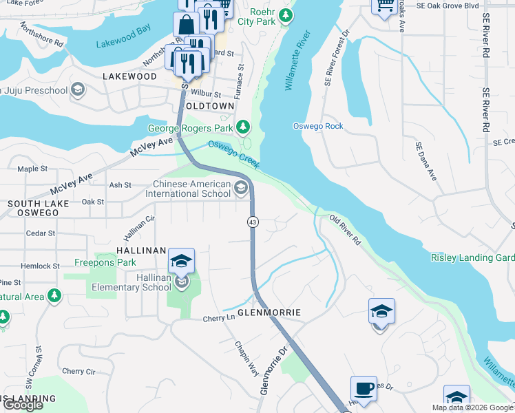 map of restaurants, bars, coffee shops, grocery stores, and more near 16250 Pacific Highway in Lake Oswego