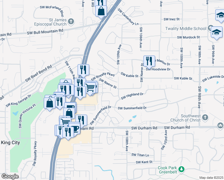 map of restaurants, bars, coffee shops, grocery stores, and more near 15485 Southwest Fountainwood Place in Tigard